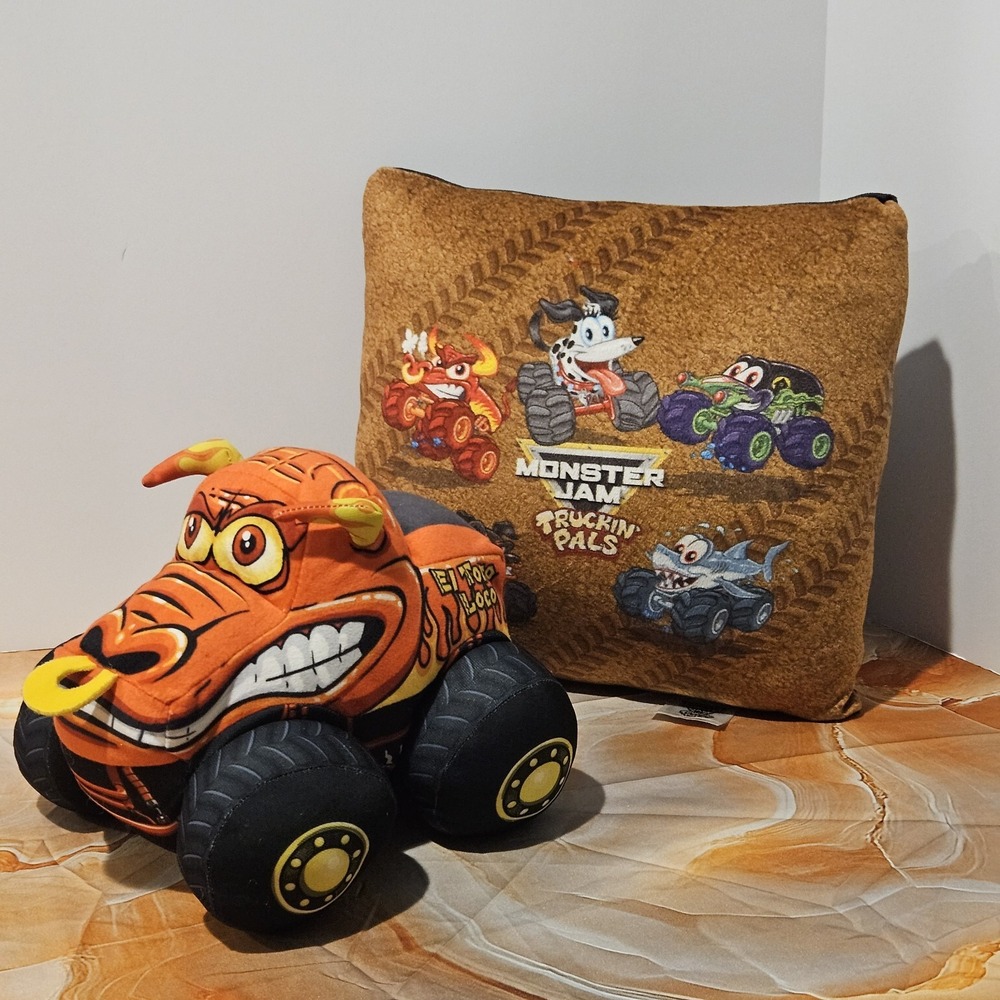Monster Jam Truckin Pals El Toro Loco Plush Truck + 13x13 Pillow Bundle